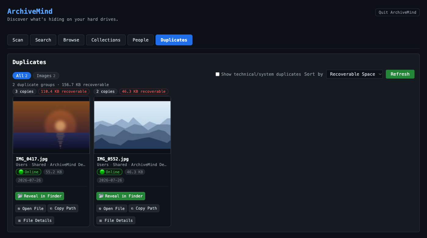 The duplicates view: duplicate groups with copy counts and recoverable-space chips, each copy shown with its own thumbnail, location and actions