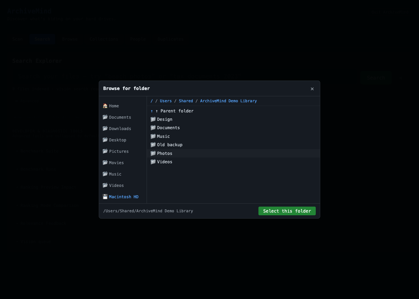 The folder picker: shortcuts to Home, Documents, Pictures and other common folders on the left, the folder tree in the middle, and a Select this folder button